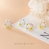 Enamel 3 Flower Studs 925 Silver CZ Earrings