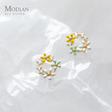 Enamel 3 Flower Studs 925 Silver CZ Earrings