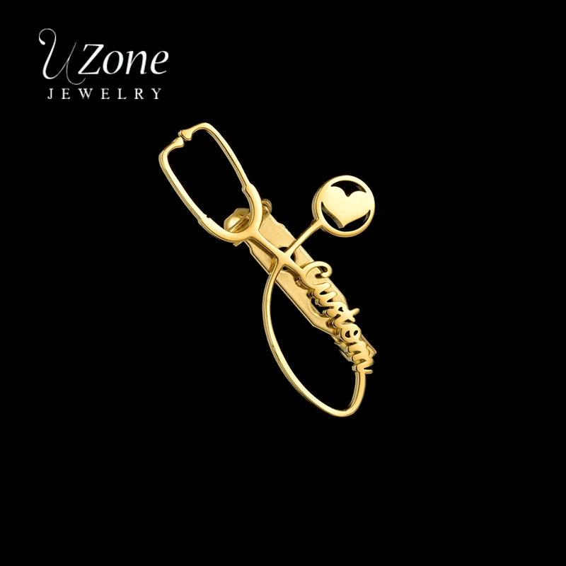 Uzone Charm Stethoscope Brooches Stainless Steel Heart Name Brooch Pins