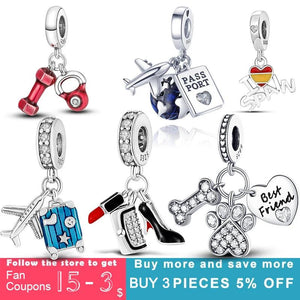 925 Silver Travel Charm Plane Tower Dangle Mom Heart Charm Bracelet DIY Gift