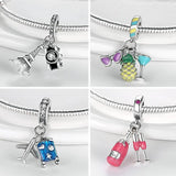925 Silver Travel Charm Plane Tower Dangle Mom Heart Charm Bracelet DIY Gift