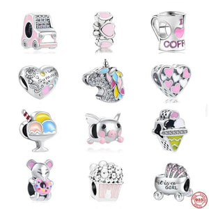 925 Silver Pink Car Unicorn Ice Cream Charm Beads for Women