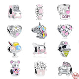 925 Silver Pink Car Unicorn Ice Cream Charm Beads for Women