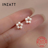 925 Silver Hollow Pearls Flower Stud Earrings Minimalist Bijoux