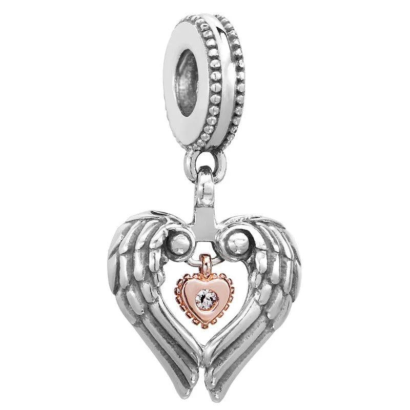 Angel Wings Daughter Heart Charm Snowglobe Bell Pendant Bead 925 Sterling Silver