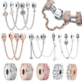 925 Silver Charm Clip Clear Pave Safety Chain Fit DIY Bracelet Pendant