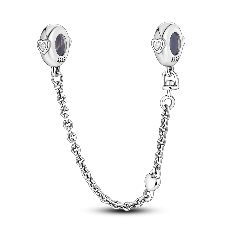 925 Silver Full Star Pink Heart Safety Chain Bracelet Charm DIY Jewelry