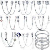 925 Silver Full Star Pink Heart Safety Chain Bracelet Charm DIY Jewelry