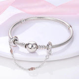 925 Silver Full Star Pink Heart Safety Chain Bracelet Charm DIY Jewelry