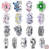 925 Sterling Silver Cat Feather Round Charm Bracelet Beads