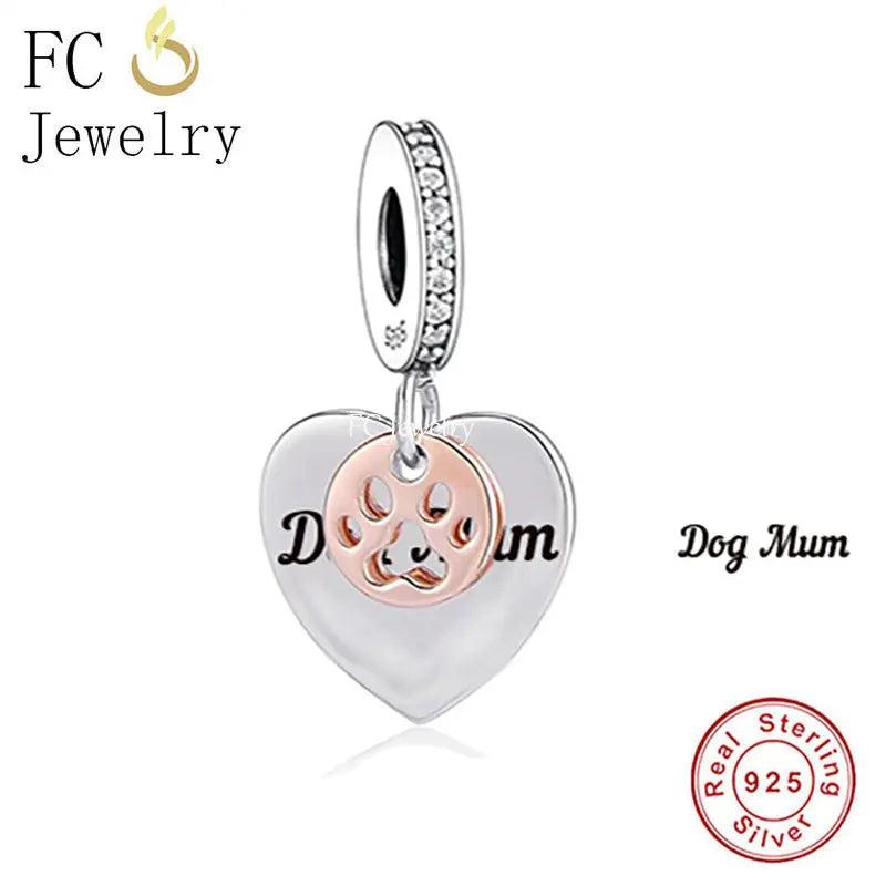 925 Sterling Silver Rose Paw Heart Dog Mum Charm Bead