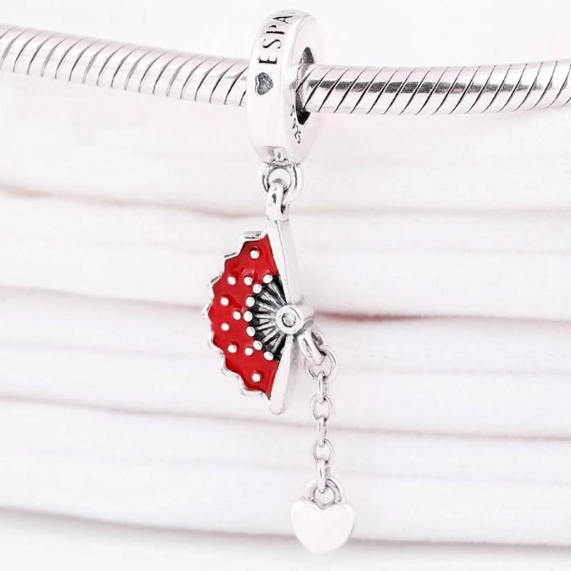 Red Enamel Spain Fan Heart Pendant Beads for 925 Sterling Silver Charm Bracelet