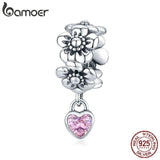 925 Sterling Silver Heart Pendant Flower Charm Bracelet Beads Women Jewelry