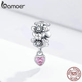 925 Sterling Silver Heart Pendant Flower Charm Bracelet Beads Women Jewelry