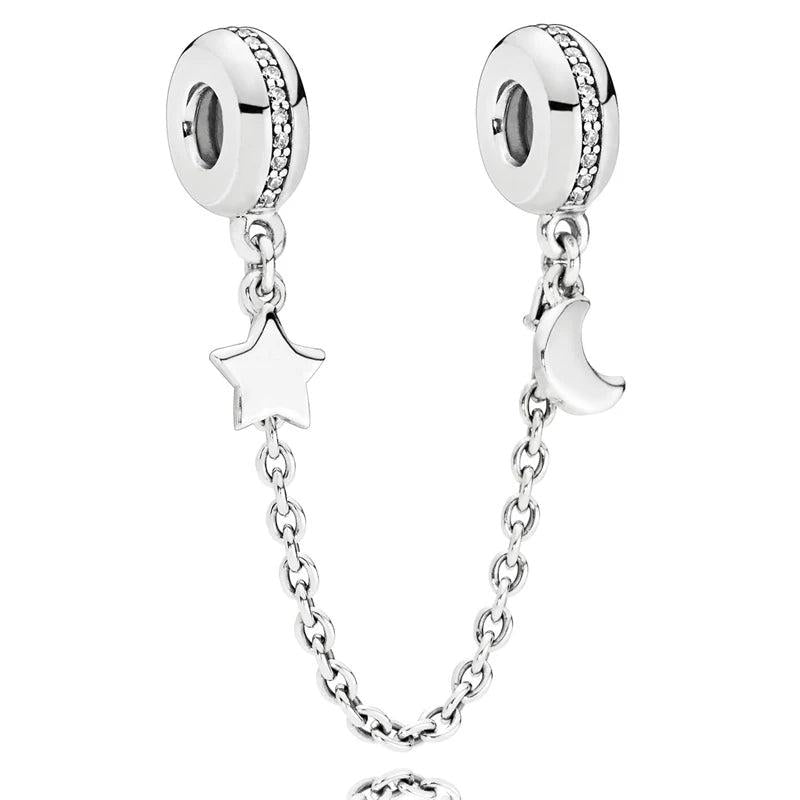 Moon & Star Butterfly Safety Chain Charm Bead Fits European Bracelet