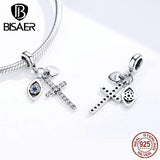 925 Silver Zircon Cross Heart Pendant Beads Platinum Charm for DIY Jewelry
