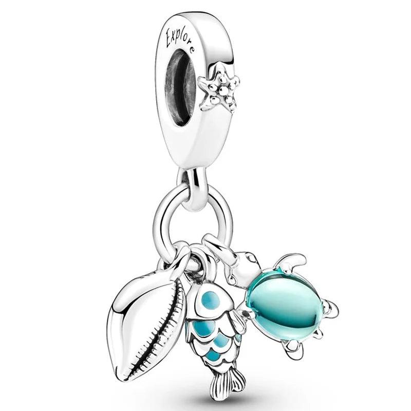 Fish Sea Turtle & Conch Triple Pendant Beads 925 Sterling Silver Bead Charm