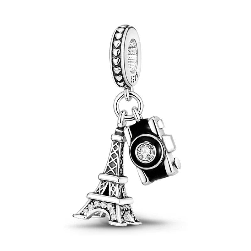 925 Silver Eiffel Tower Camera Pendant Keychain Charm Women Jewelry