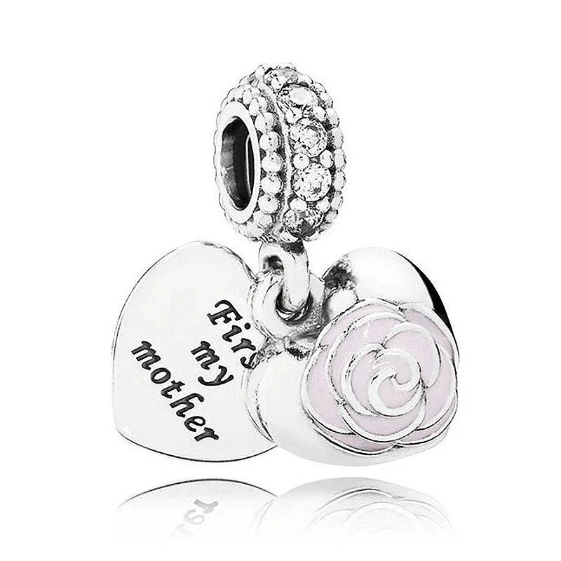 Mother & Daughter Hearts Ice Carving Pendant Bead 925 Sterling Silver Charm