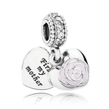 Mother & Daughter Hearts Ice Carving Pendant Bead 925 Sterling Silver Charm