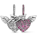 Sparkling Heart & Angel Wings Red Crystal Necklace Pendant 925 Silver Charm