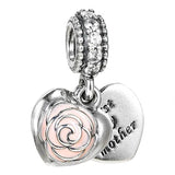 Pink Enamel Mother's Rose Crystal Pendant Bead 925 Silver Charm Bracelet DIY