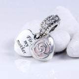 Pink Enamel Mother's Rose Crystal Pendant Bead 925 Silver Charm Bracelet DIY