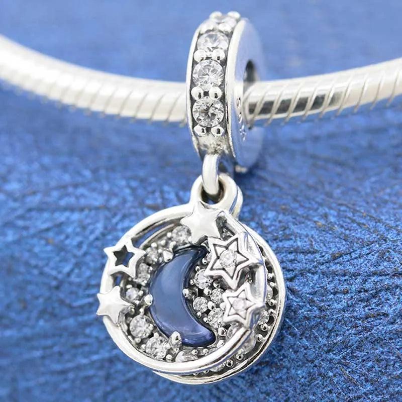 Night Sky Moon & Stars Crystal Beads 925 Silver Charm Bracelet DIY Jewelry
