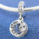 Night Sky Moon & Stars Crystal Beads 925 Silver Charm Bracelet DIY Jewelry