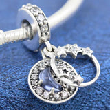 Night Sky Moon & Stars Crystal Beads 925 Silver Charm Bracelet DIY Jewelry