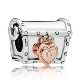 925 Silver Charm: Treasure Box & Rose Lock Hearts Bead Set for Bracelet