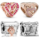 925 Silver Charm: Treasure Box & Rose Lock Hearts Bead Set for Bracelet