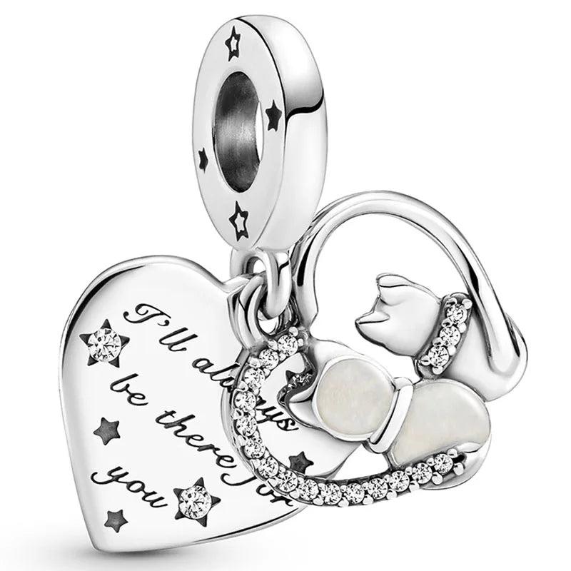 Crystal Cat & Heart Pendant Beads for 925 Silver Bracelet