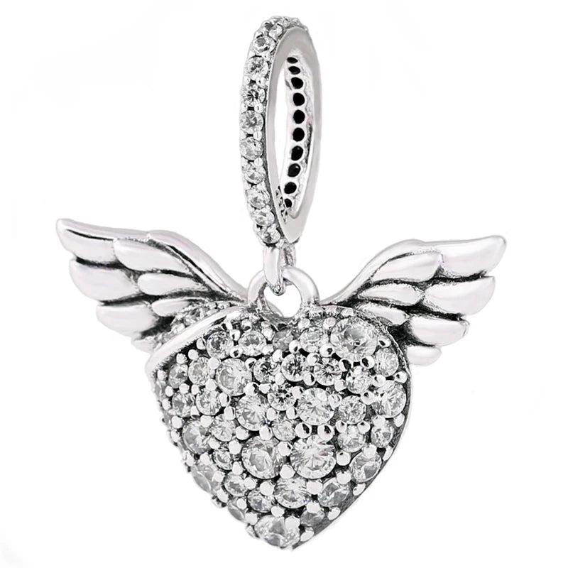 Sparkling Heart & Angel Wings Crystal Pendant Bead DIY Jewelry