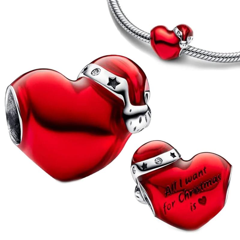 925 Silver Red Christmas Heart Charm Bead for Bracelet Pendant