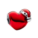 925 Silver Red Christmas Heart Charm Bead for Bracelet Pendant