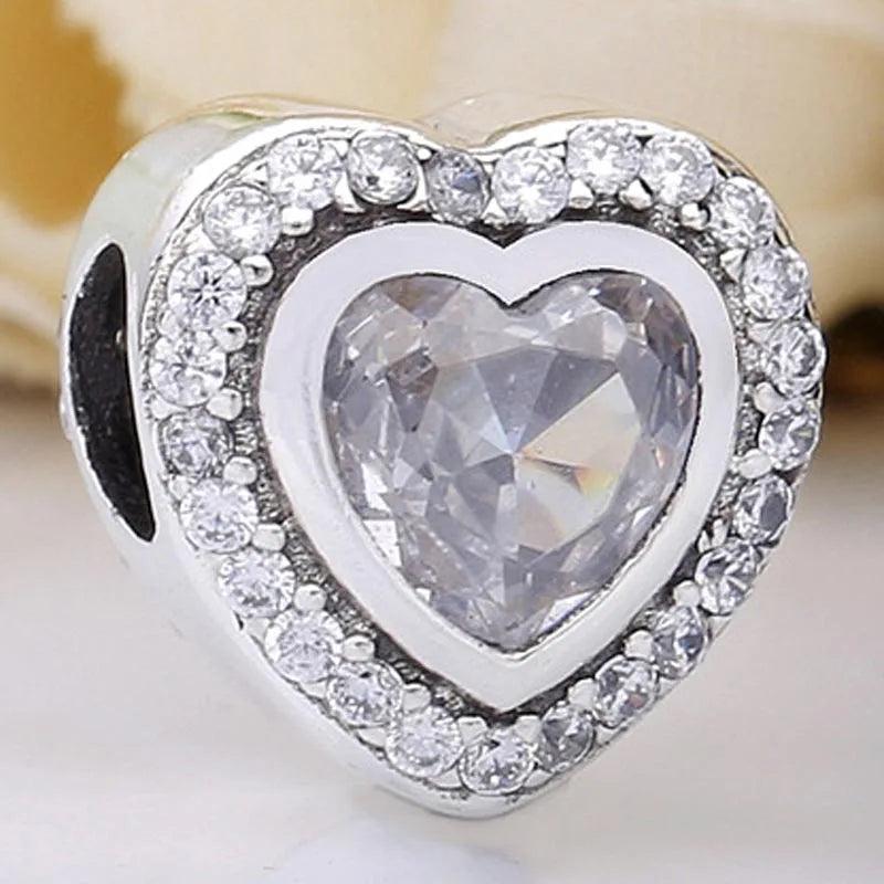 Sparkling Love Heart Crystal Bead 925 Silver Charm Bracelet Bangle