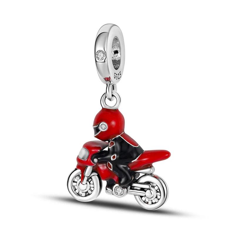 925 Sterling Silver Red Car Charms Beads Bracelet