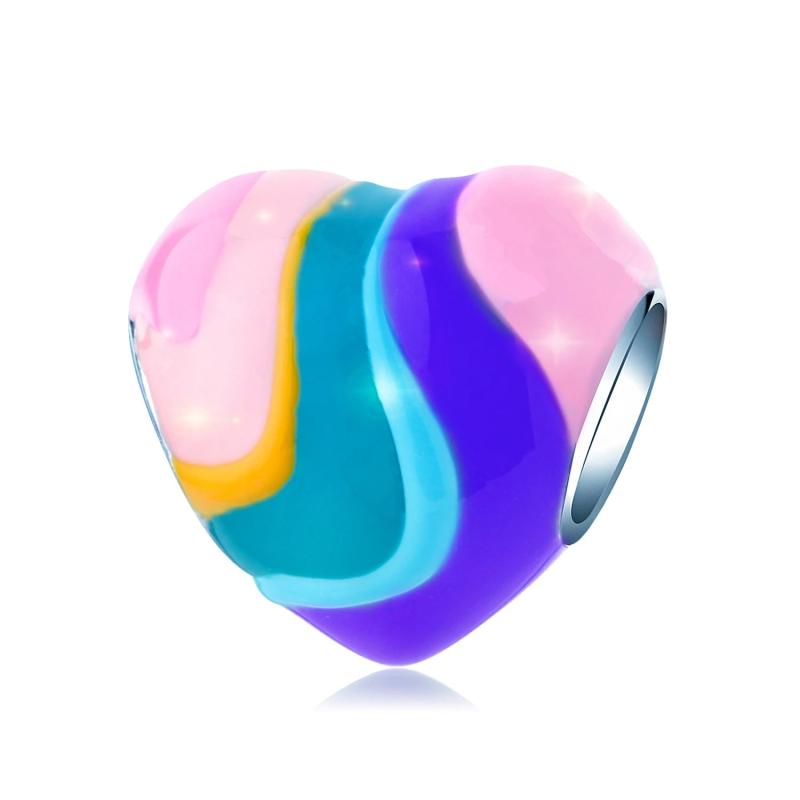 925 Silver Colorful Hearts Happy Place Charm Bead for Bracelet DIY