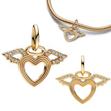 925 Silver Heart & Angel Wings Charm Bead Bracelet Pendant Women's Fine Jewelry
