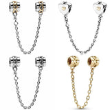 Two Tone Heart & Crown Safety Chain Charm 925 Sterling Silver Fit Bracelet