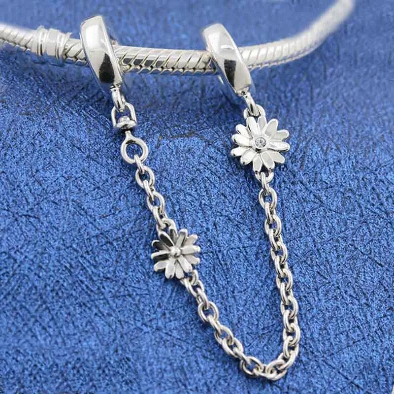 Daisy Flower Crystal Chain Beads 925 Silver Charm Bracelet