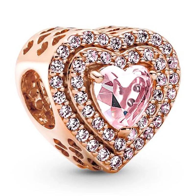 Sparkling Rose Heart Crystal Beads 925 Silver Charm Bracelet Bangle