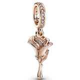 Rose Flower Red Crystal Pendant 925 Silver Charm Bracelet DIY