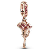 Rose Flower Red Crystal Pendant 925 Silver Charm Bracelet DIY