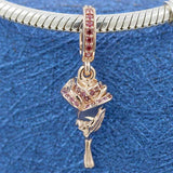 Rose Flower Red Crystal Pendant 925 Silver Charm Bracelet DIY