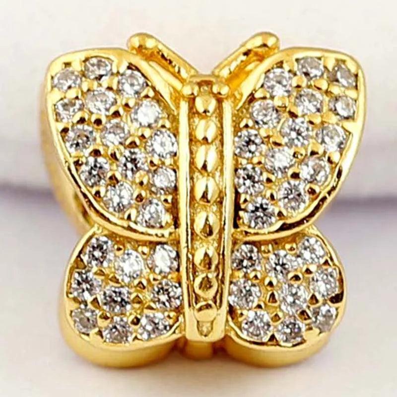 Pave Butterfly Crystal Beads 925 Sterling Silver Bracelet Charm DIY