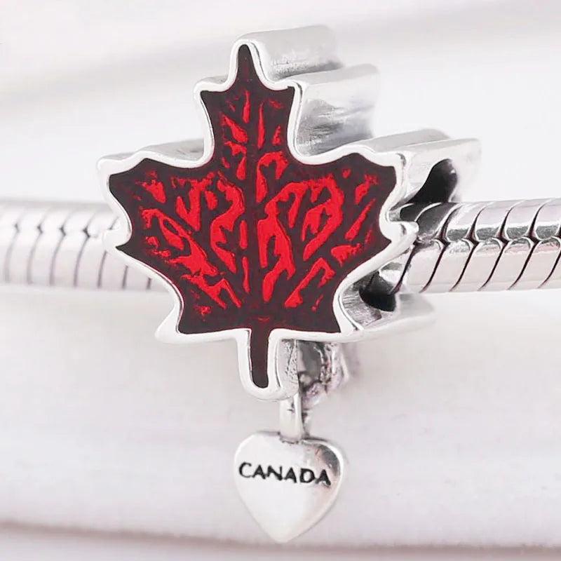 Red Maple Leaf Canada Heart Pendant Beads 925 Sterling Silver Charm Bracelet DIY