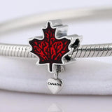 Red Maple Leaf Canada Heart Pendant Beads 925 Sterling Silver Charm Bracelet DIY