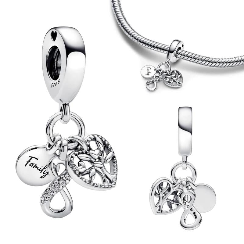 925 Silver Family Infinity Triple Dangle Charm Bead for Bracelet DIY Jewelry